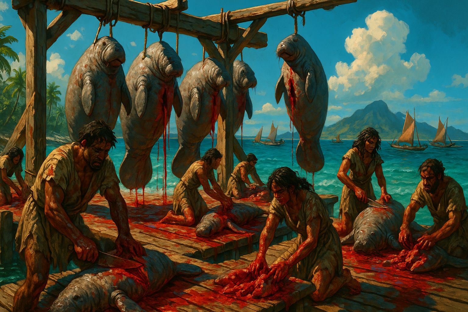 Slaves butchering manatees, to make lamp oil from the blubber