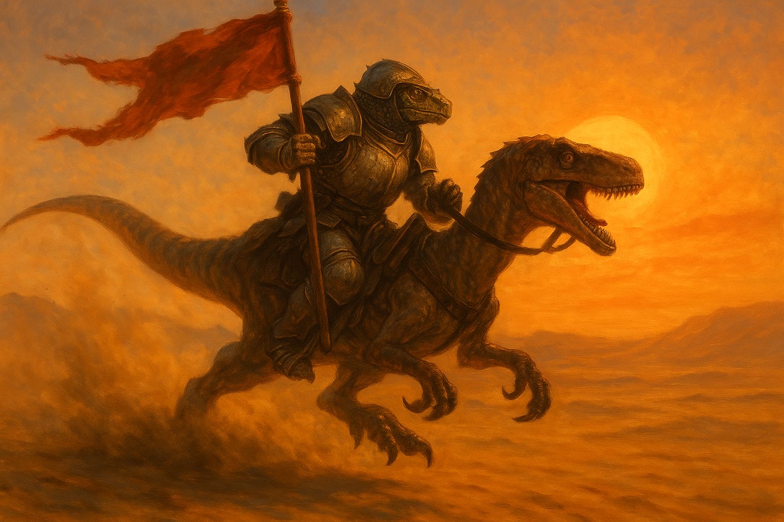 Lizardman knight charging across the desert