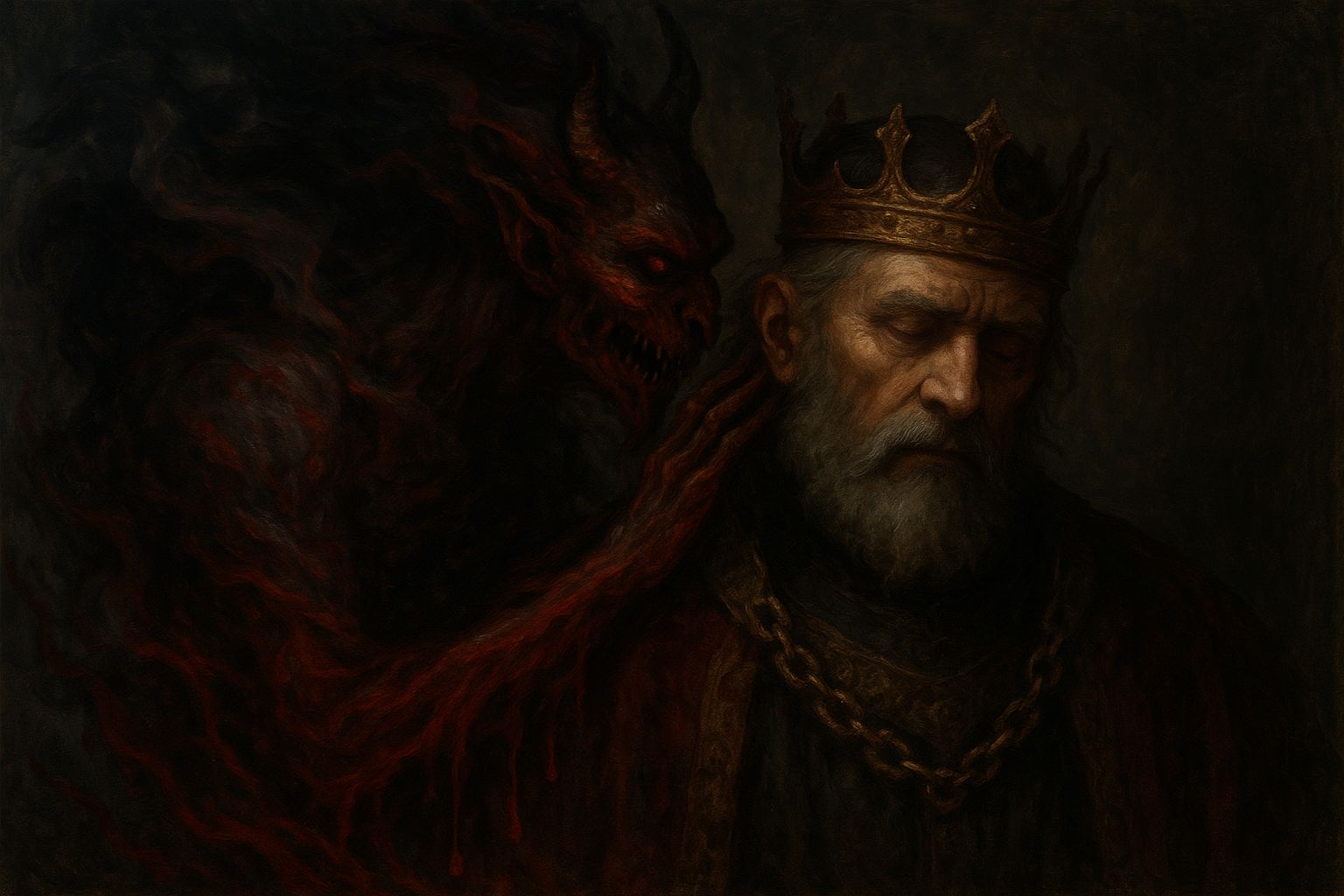 A demon whispering forbidden knowledge to a desperate king