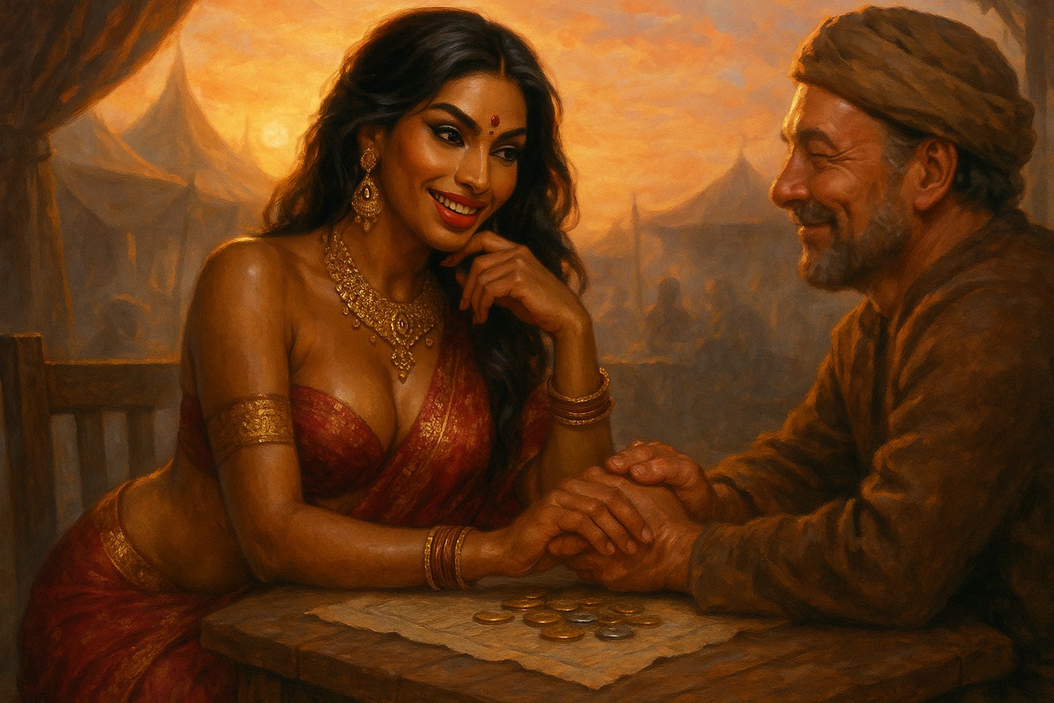 Using her charm to trick a trader