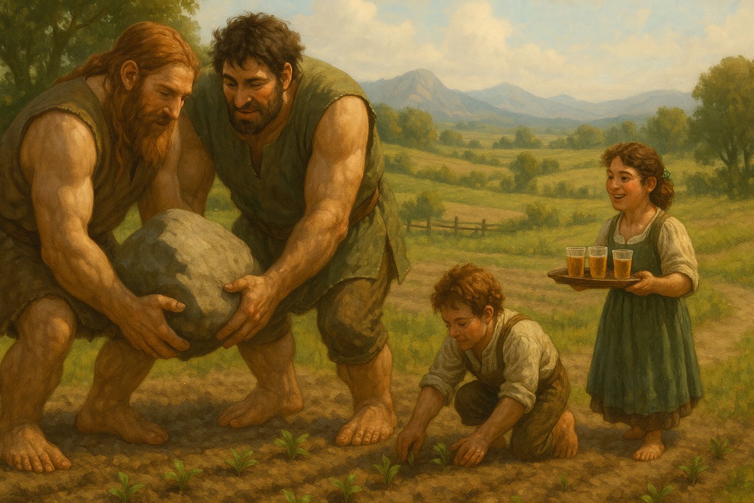 Halflings and giants working in the fields