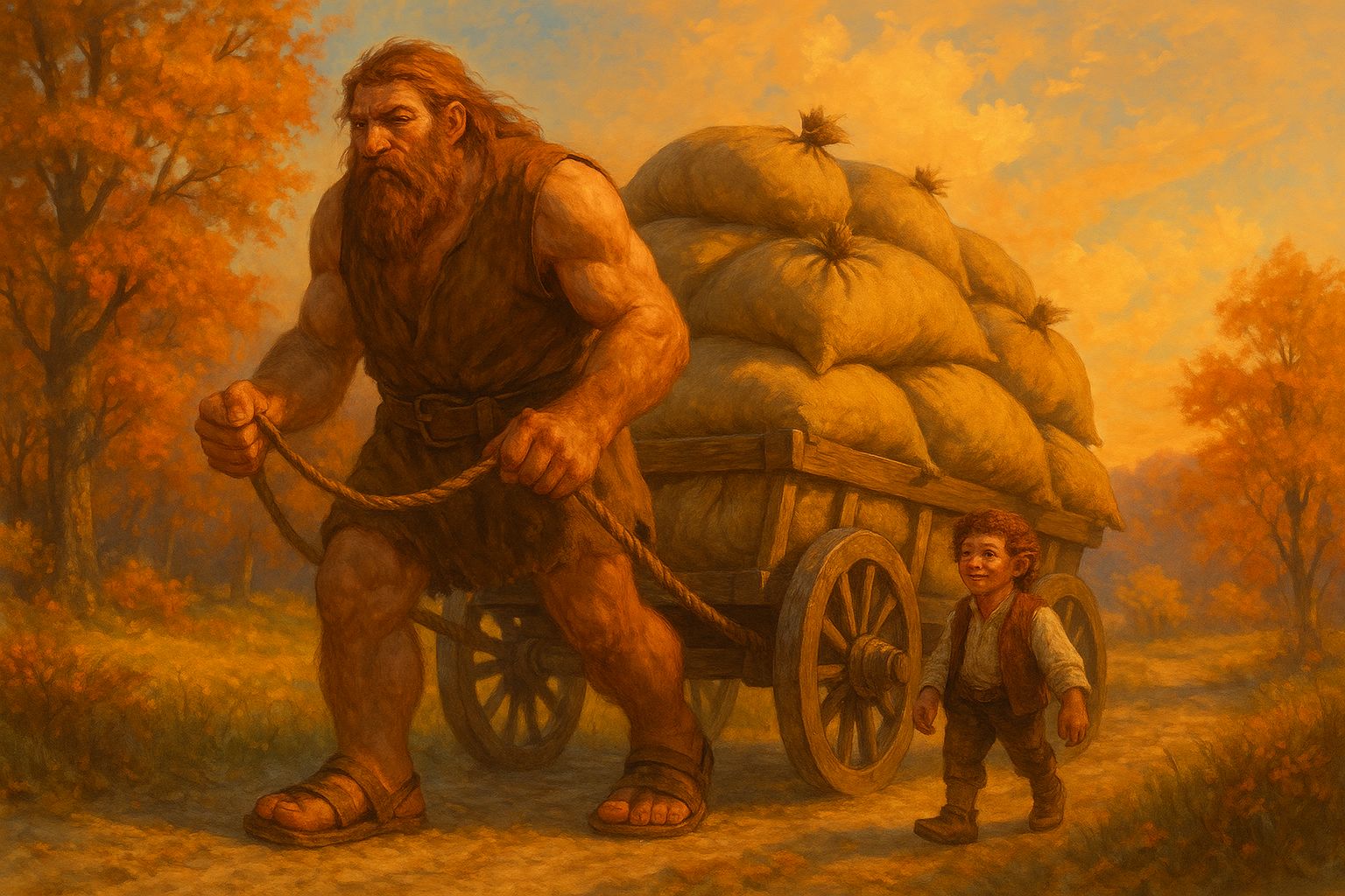 Giant pulling a cart loaded with grain