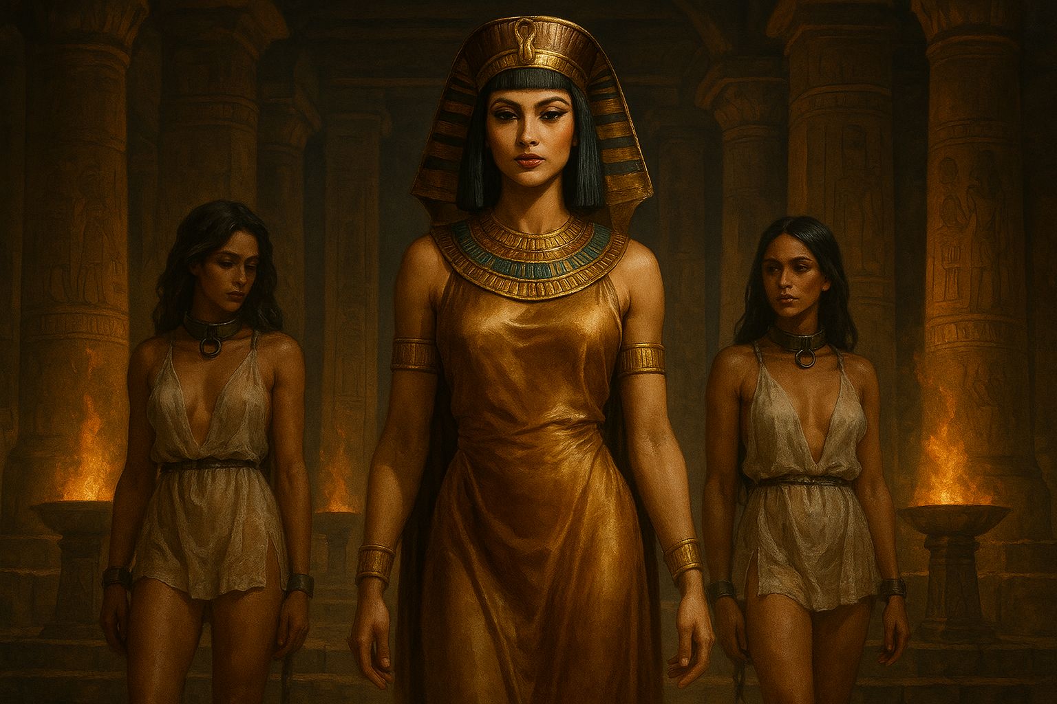 Kah-Iah, the Moon-Goddess queen and sister-wife of Ka-Ra, flanked by her slave servants
