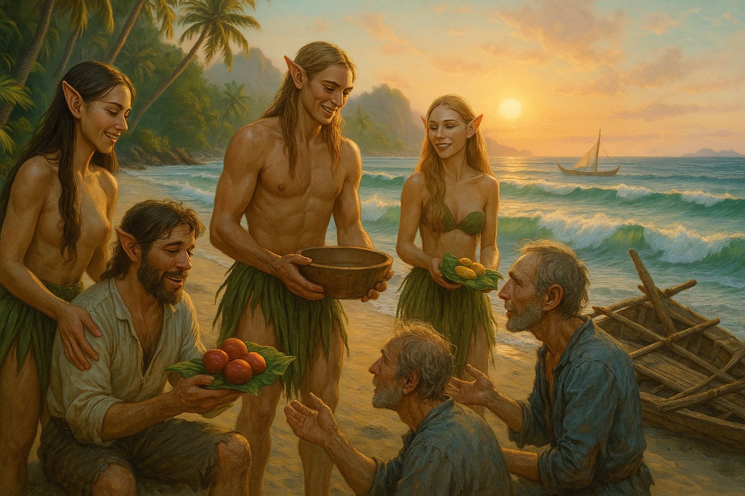 Coralwyn elves helping shipwrecked sailors