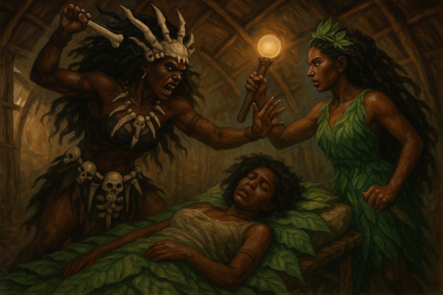 Hina’are, the Keeper of Health fighting over the soul of a sick woman