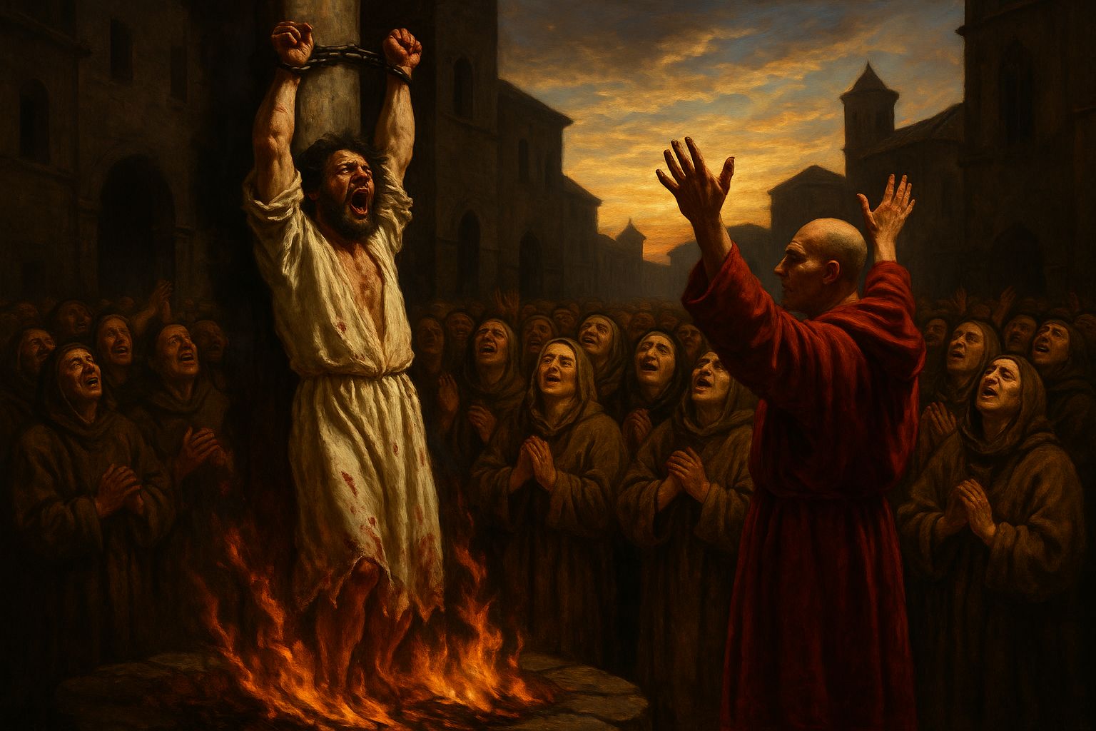 A priest and a crowd celebrating the joyous burning of a heretic