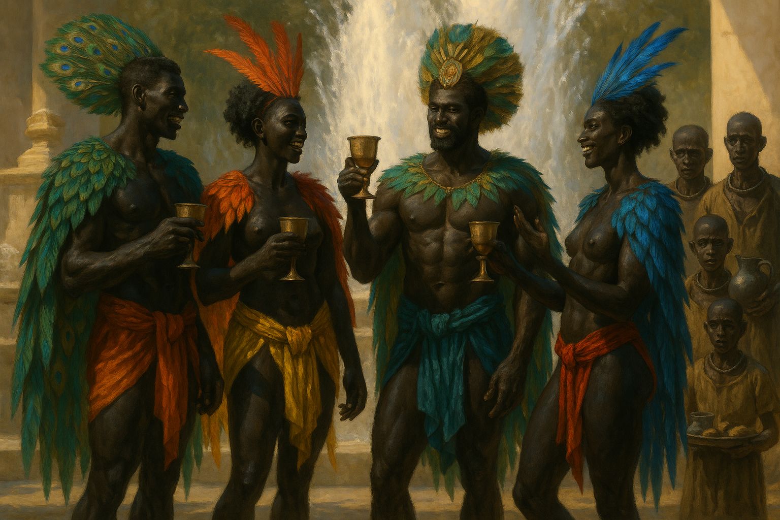 Nobility talking, while waited on by slaves